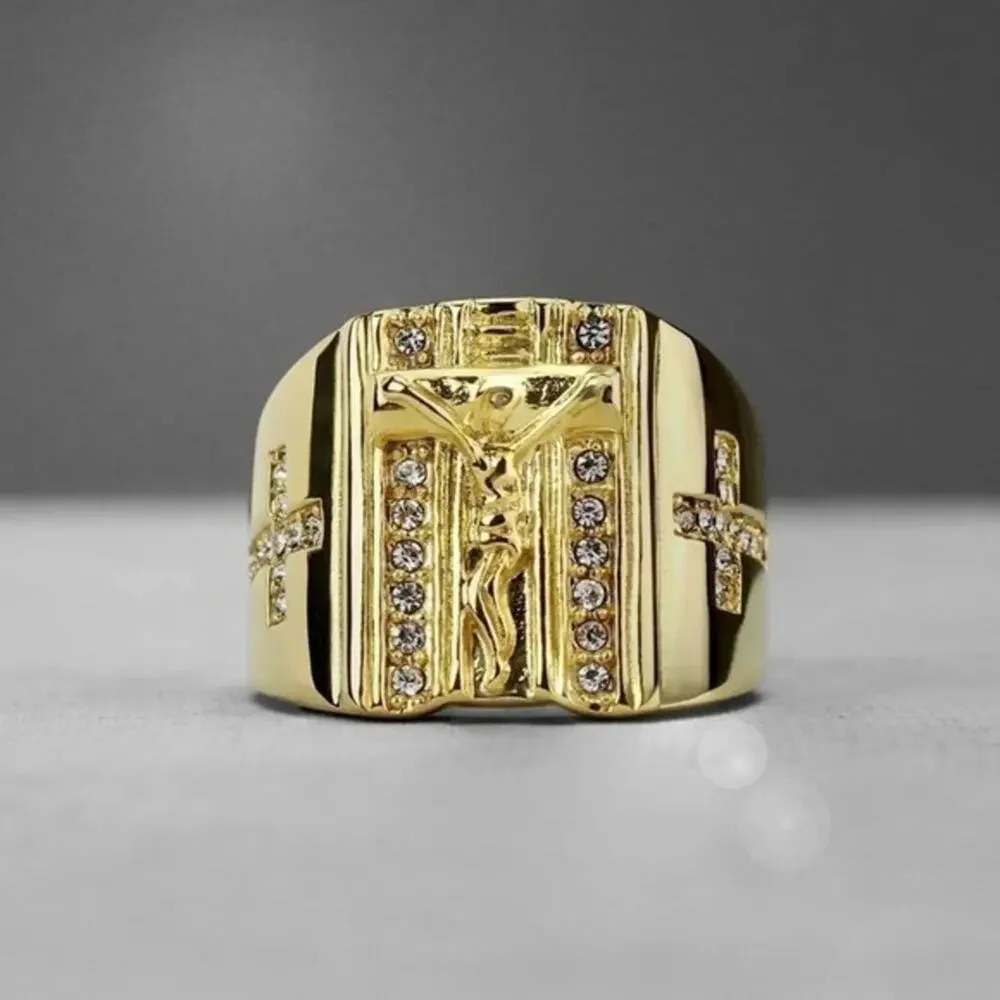 Men’s New gold toned stainless steel jesus‎ cross ring hypoallergenic size 9
